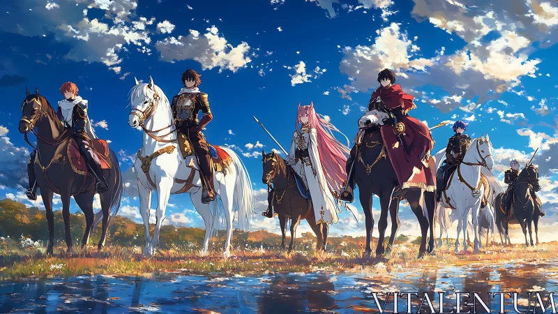 Skybound cavalcade of fantasy knights crossing mirrored water.