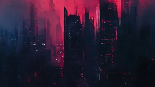 Moody neon city skyline glowing through crimson mist.