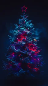 Neon lit Christmas tree with star topper on dark background.