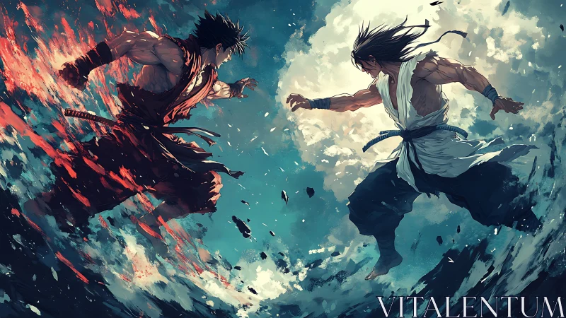 Martial artists clash amid swirling fire and water energy.