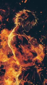 Male fighter stands in profile surrounded by dynamic flames