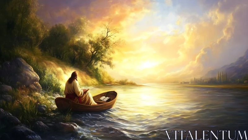 Sunlit river prayer in a lone boat at heaven-bright dawn.