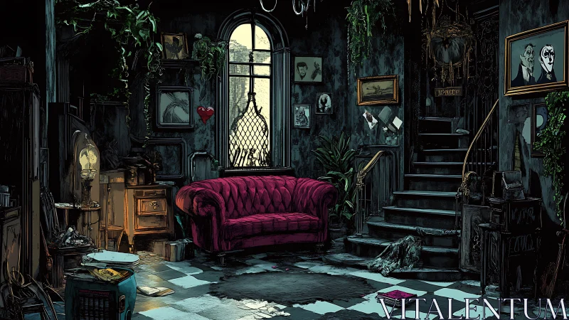 Moody gothic parlor with red velvet sofa centerpiece.