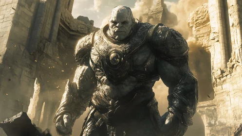 Stone warlord strides through shattered ancient citadel.