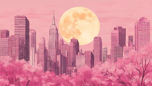 Moonlit pink metropolis with layered skyline and dense cherry canopy