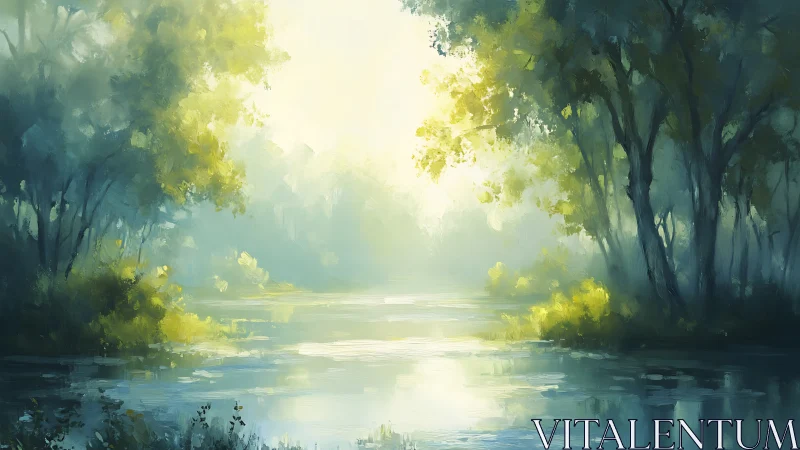 Luminous mist over tranquil forest river in soft greens.