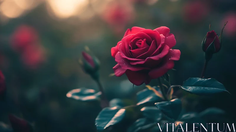 Deep Red Rose with Dewdrops in Soft Garden Light