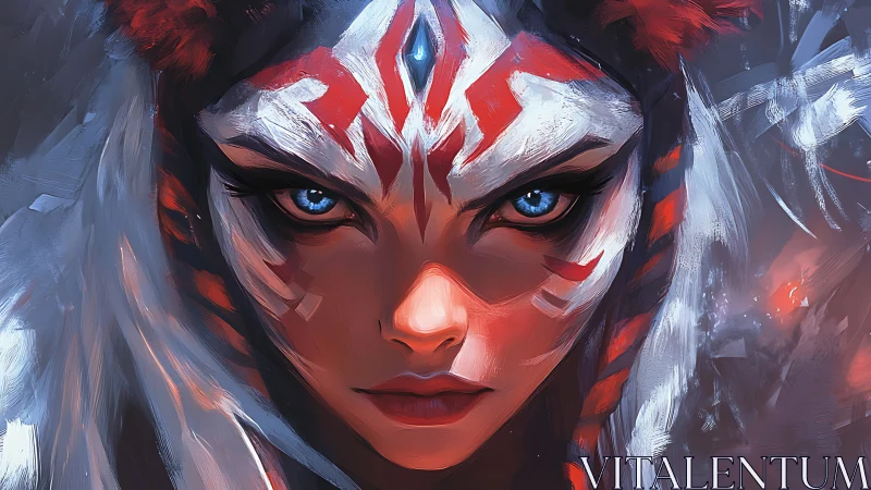 Fierce tribal warrior portrait with glowing blue eyes.