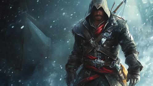 Hooded rogue in snowstorm with layered leather armor and blades drawn