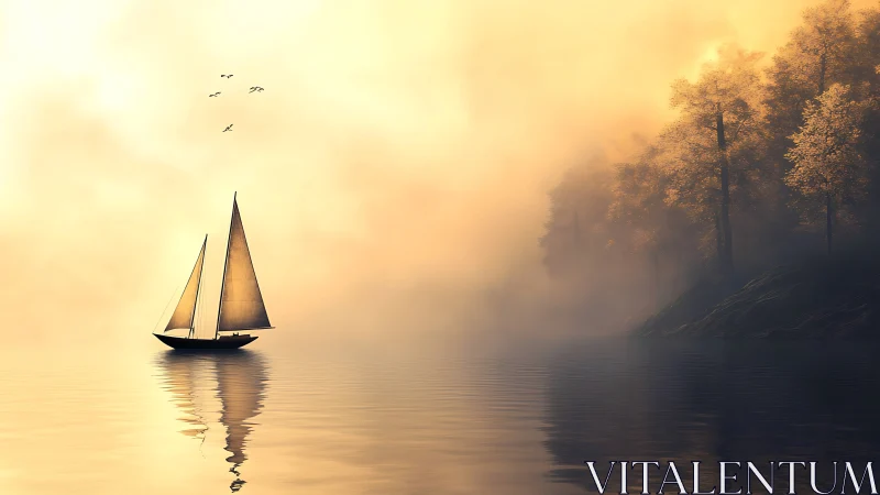 Sailboat on calm lake beside misty autumn shoreline.