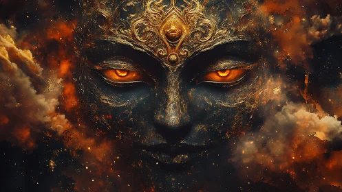 Cosmic deity visage emerges from nebular storm in fiery chiaroscuro