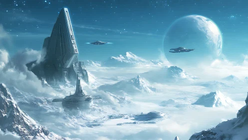 Frozen alien world with futuristic base and starships.