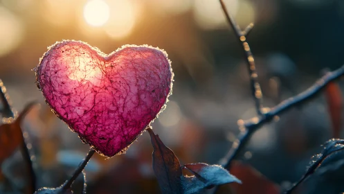 Frost-Kissed Heart. Winter's Crystalline Wonder on Branch.