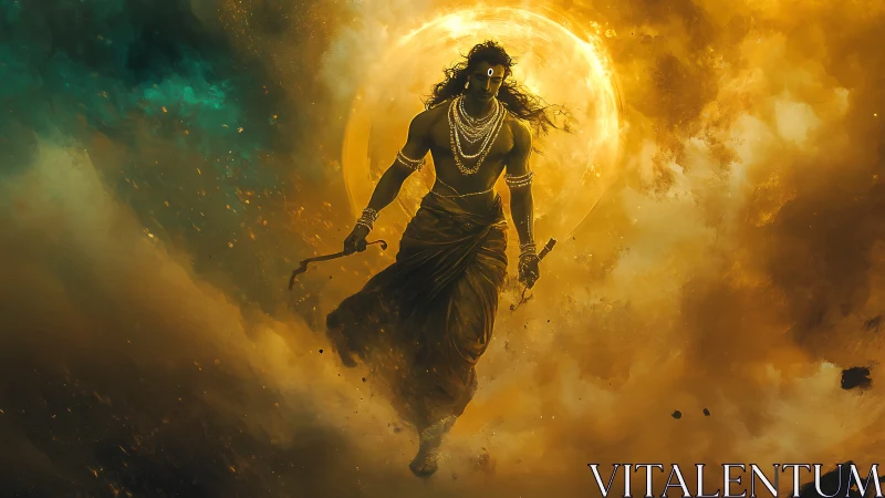 Mythic warrior strides through glowing storm clouds