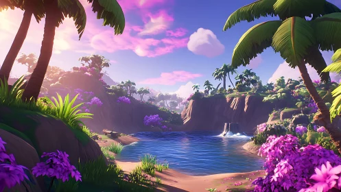 Digital landscape with tropical lagoon and composite natural elements rendered.