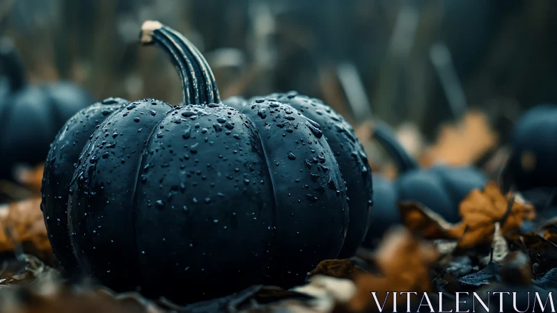 Black pumpkin close-up with rain droplets on autumn ground.