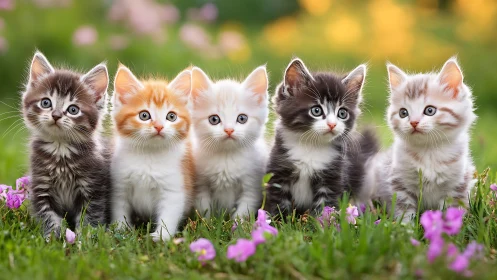 Five adorable kittens sitting together on spring grass.