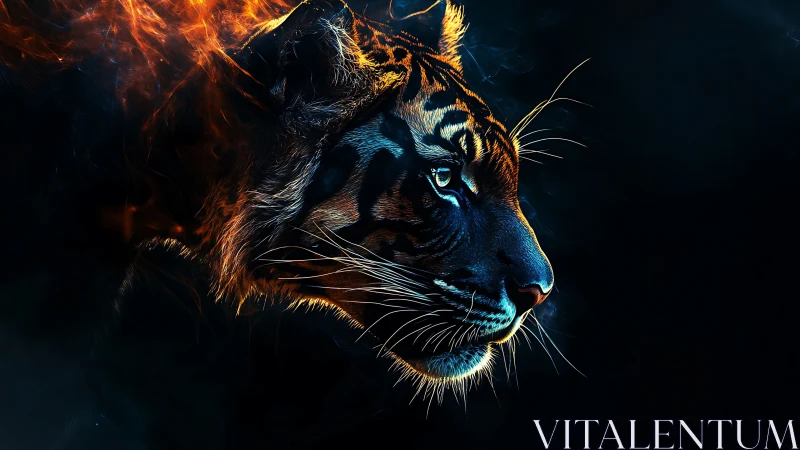 Blazing neon tiger profile emerging from deep shadowed void.