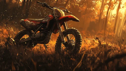 Dusty red dirt bike at golden hour in hazy forest glow.