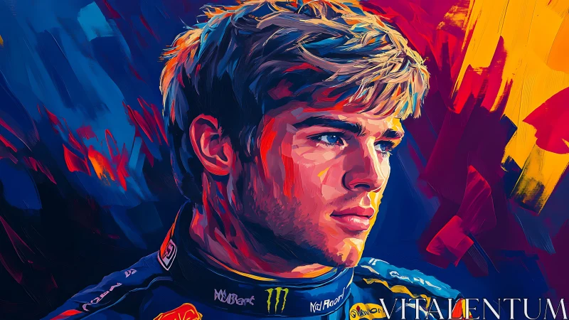 Vivid motorsport portrait rendered in expressive digital brushwork