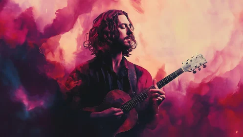 Male guitarist framed by vivid pink and purple clouds.