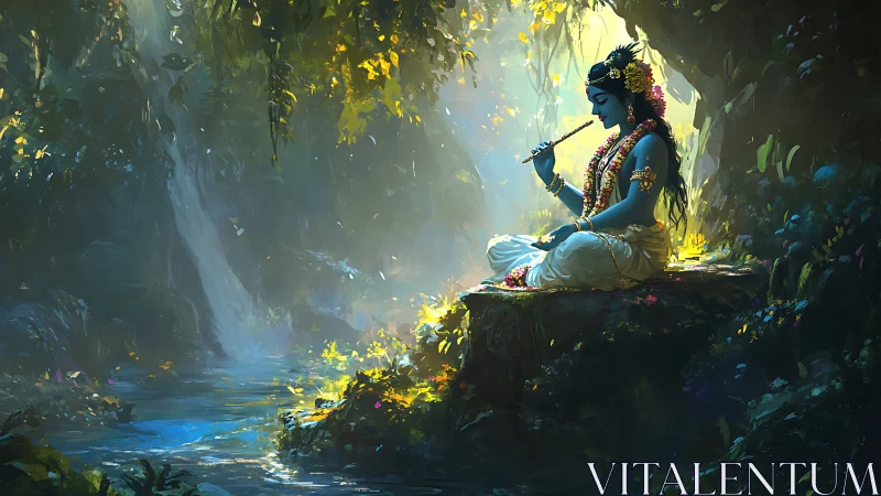 Flute song in a sunlit forest sanctuary of calm.