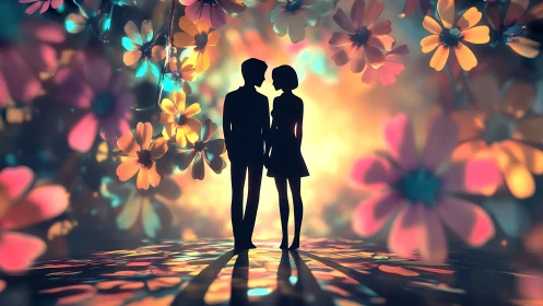 Two silhouetted figures standing in luminous floral environment.