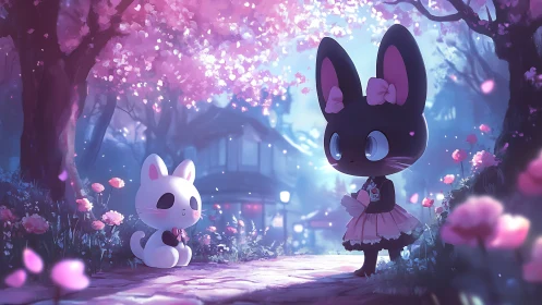 Twilight cherry blossom path with pastel chibi animal friends.