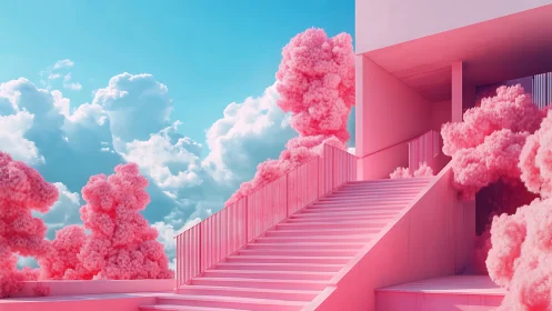 Pink exterior staircase cuts through fluffy sculpted foliage