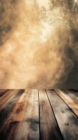 Weathered wooden platform extends toward diffuse forest haze