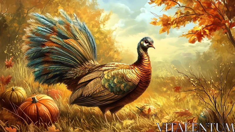 Autumn turkey stroll beneath bright leaves and glowing sky.
