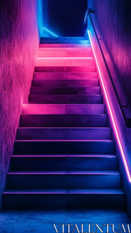 Neon-lit concrete staircase ascends into a saturated cyber void