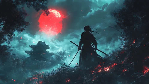 Ronin under bloodred moon guarding the stormlit fortress.