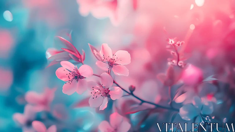 Soft-focus cherry blossoms with bokeh rendering in teal-rose gradient.
