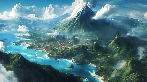 Tropical Paradise: Lush Island with Towering Peaks and Azure Seas