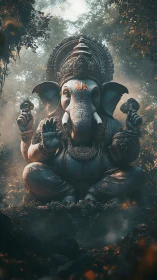 Mystical stone Ganesha idol amid mist-laden forest grove.