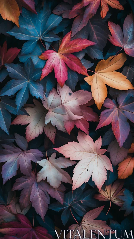 Autumn maple leaves form layered teal and crimson tapestry.