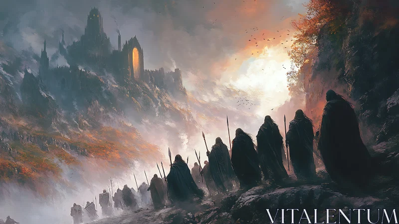 Processional cloaked figures approaching fortress gate in mist.