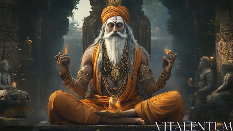 Mystic yogi levitating with fire orbs in carved stone temple