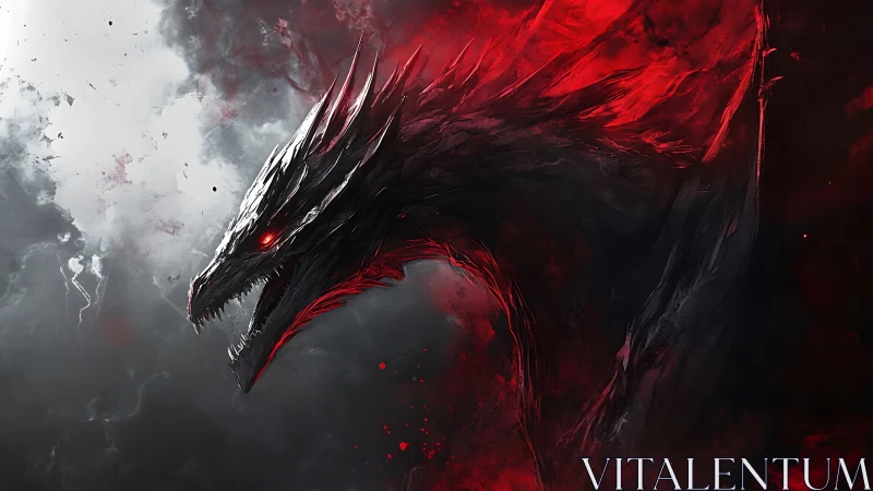 Volcanic-bathed draconic profile in red-black storm haze