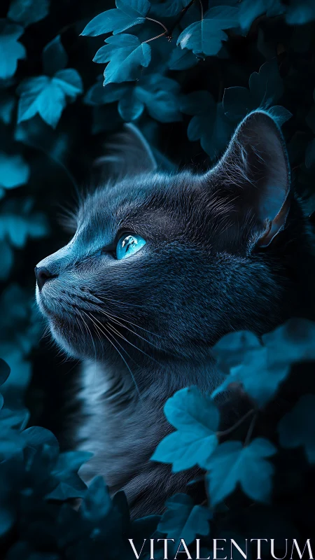 Black cat with luminous blue eyes among glowing foliage.