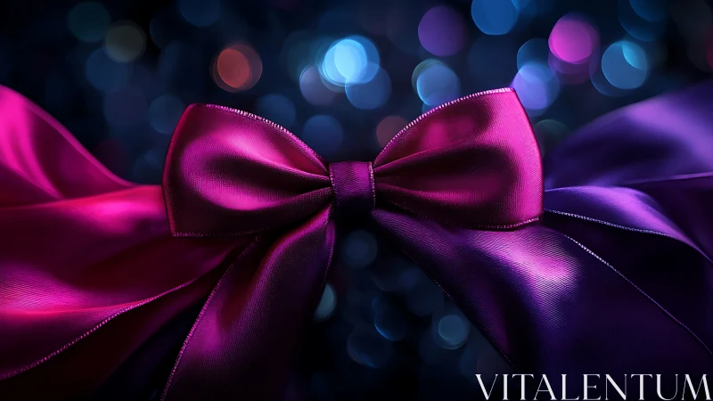 Pink and purple satin ribbon bow on dark bokeh background.