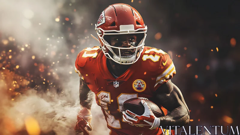 Football player in red uniform running with ball through smoke