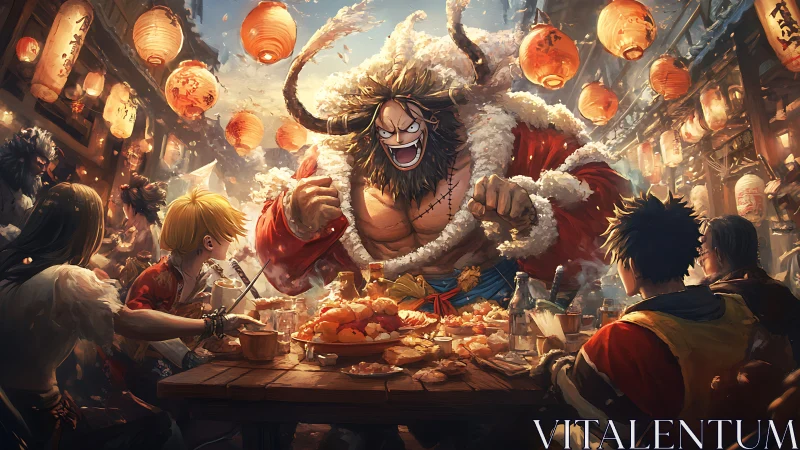 Boisterous horned warrior leads lantern lit winter feast