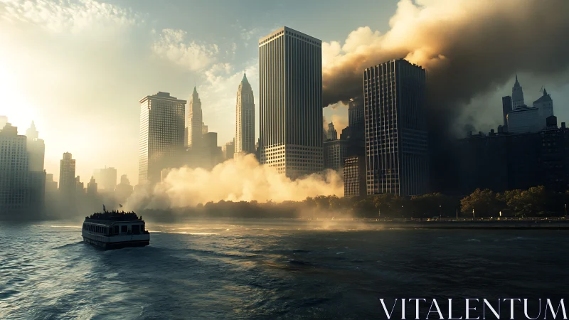 Smoke-filled city skyline looms over crowded river ferry.