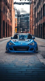 Blue widebody street car dominates narrow brick alley