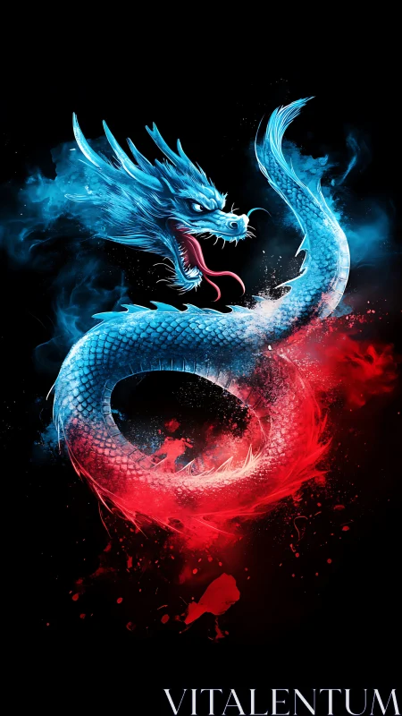 Blue serpentine dragon coils in a red particle ring field