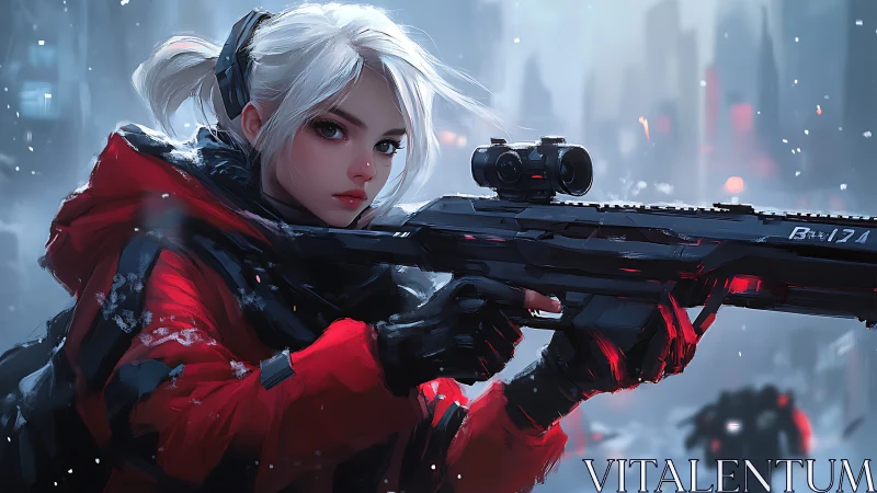 White-haired operative in red tactical gear aims precision rifle amid futuristic snowy cityscape.