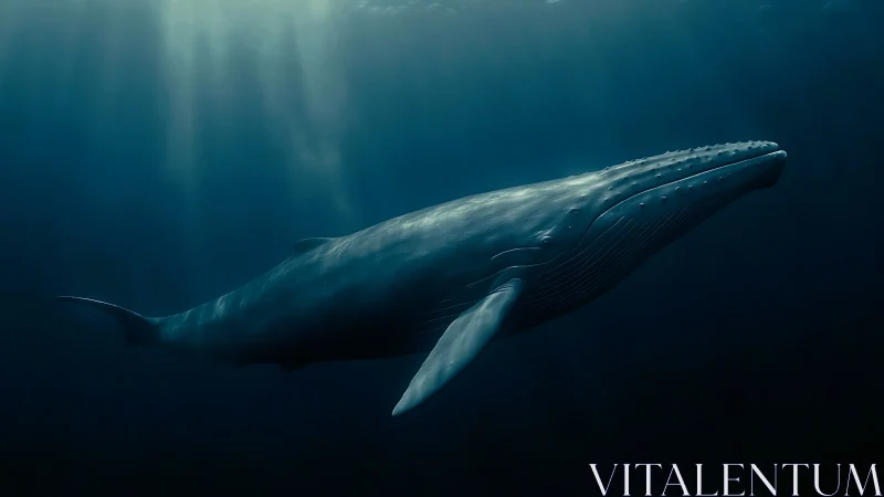 Majestic blue whale glides through deep ocean light beams