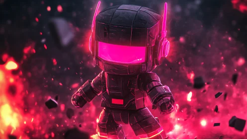 Neon visor warrior stomps through pixelated cosmic embers.